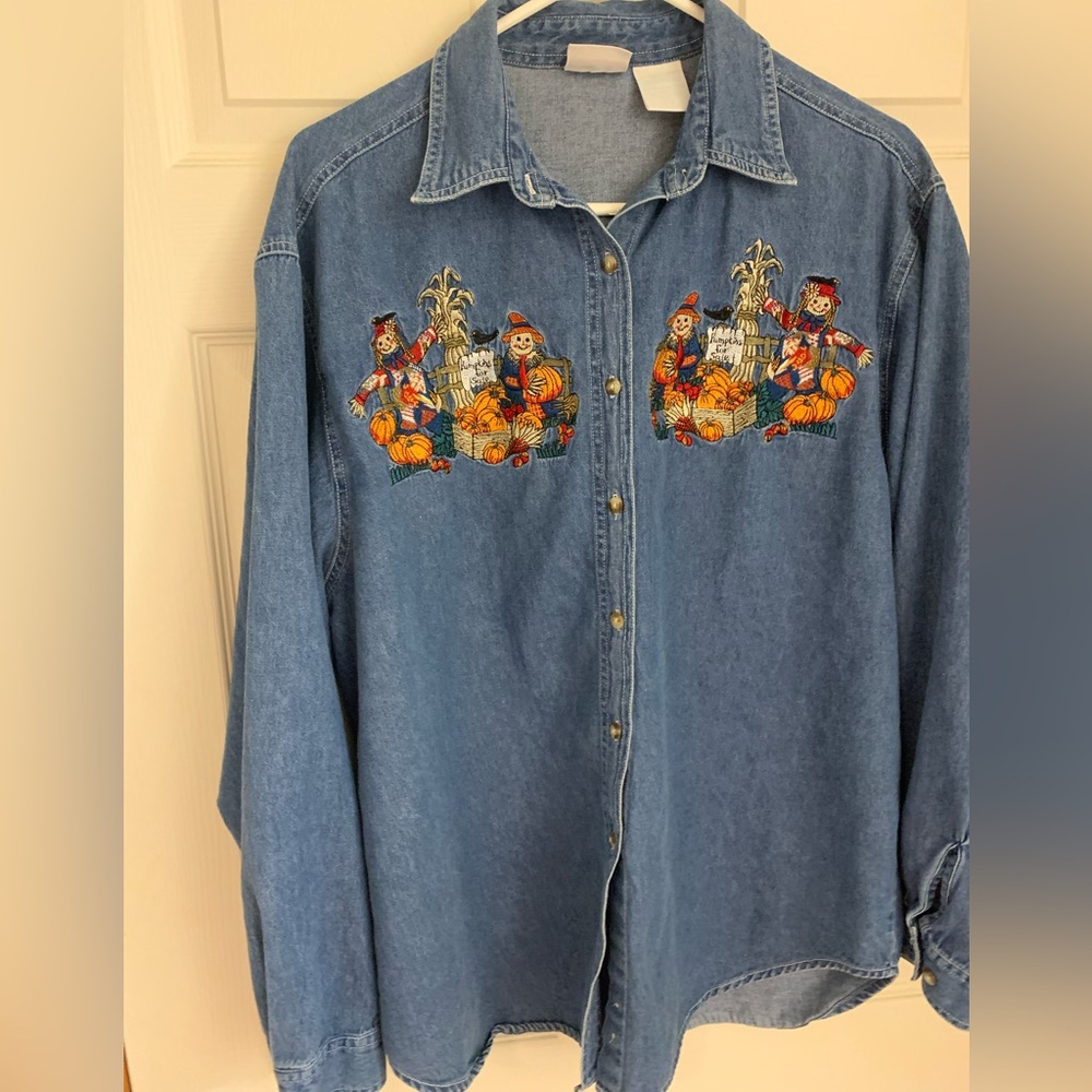 Bobbie Brooks Blue Denim Button Down Shirt with Embroidered Scarecrows - Picture 9 of 9